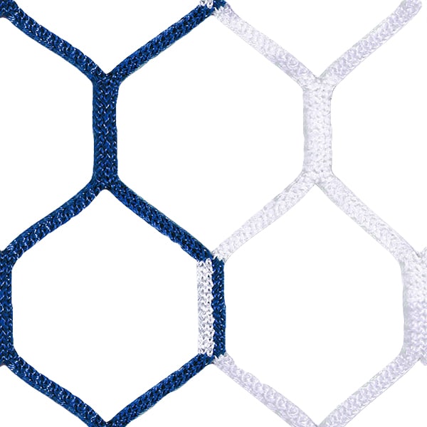blau-weisses zweifarbiges Fussball Tornetz mit wabenförmigen Maschen und geradem Muster