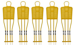 Freistossmaurer-Set bestehend aus 5 gelben Freistoss-Dummy aus Metall
