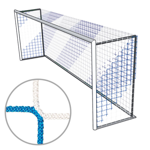 blau-weisses Tornetz für Kleinfeldtore (500x200cm) aus knotenlosem PP ø 4mm. Tiefe oben: 100 cm, Tiefe unten: 100cm