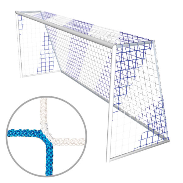 blau-weisses Tornetz für Kleinfeldtore (500x200cm) aus knotenlosem PP ø 4mm. Tiefe oben: 80 cm, Tiefe unten: 150cm