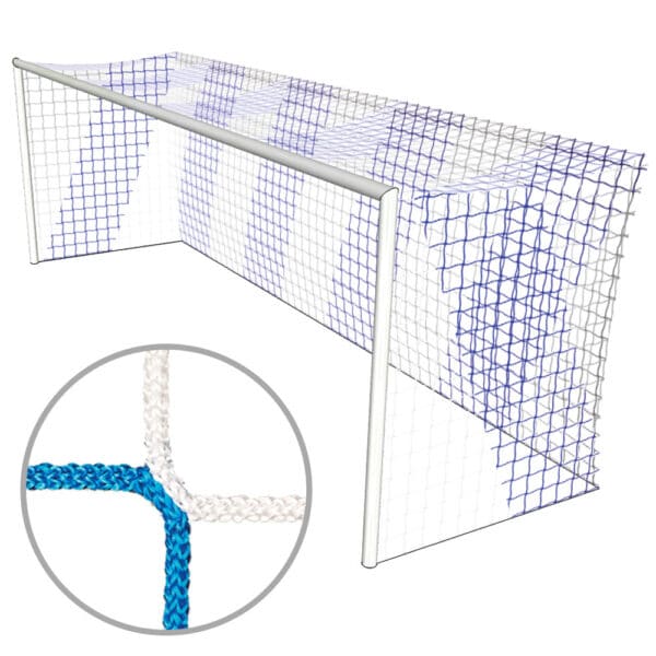 Blau-weisses Fussball Tornetz für Grossfeldtore (7.50 x 2.50) mit einer oberen und unteren Tiefe von 200 cm mit quadratischen Maschen aus knotenlosem PP