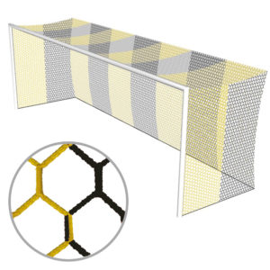 Filet de but de foot jaune/noir pour buts de 7.50x 2.50 avec une pforondeur en haut et en bas de 200 cm avec mailles serrées en forme hexagonale en PP