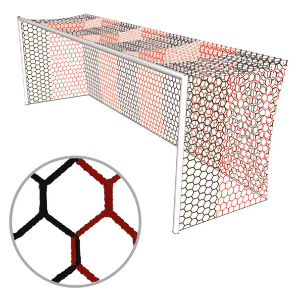 schwarz-rotes Fussball Tornetz für Grossfeldtore (7.50 x 2.50) mit einer oberen und unteren Tiefe von 200 cm mit wabenförmigen Maschen aus knotenlosem PP