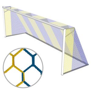 Filet de but de foot bleu/jaune avec mailles serrées en forme hexagonales pour les buts de 7.50 x 2.50 avec une profondeur en haut de 80 cm et en bas de 200 cm.