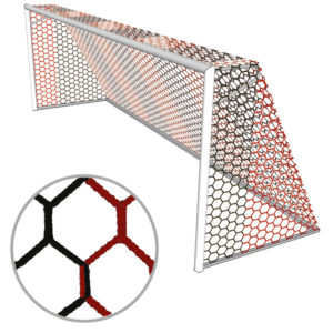 schwarz-rotes Fussball Tornetz für Grossfeldtore (7.50 x 2.50) mit einer oberen Höhe von 80 cm und unten 200cm mit wabenförmigen Maschen
