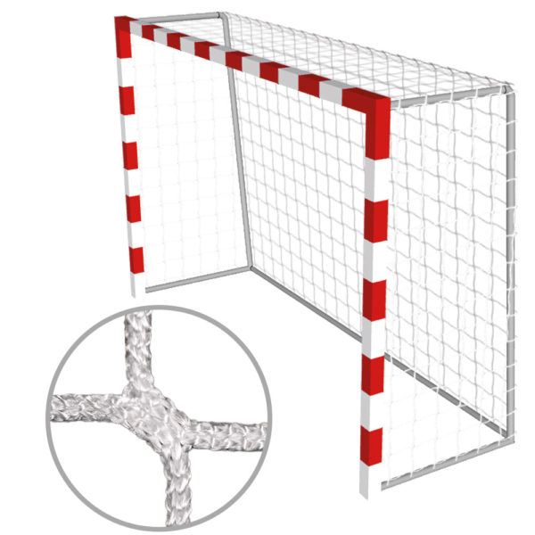 weisses Handball-Tornetz aus 4mm starkem Polypropylen (3.10 x 2.10cm) mit einer Höhe oben von 80 cm und unten von 100 cm