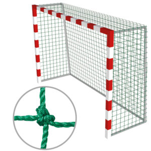 grünes Handball-Tornetz aus 4mm starkem Polyethylen (3.10 x 2.10cm) mit einer Höhe oben von 80 cm und unten von 100 cm
